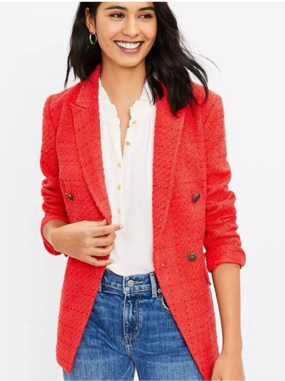 Loft Tweed Double Breasted Coral Red Blazer Size 8